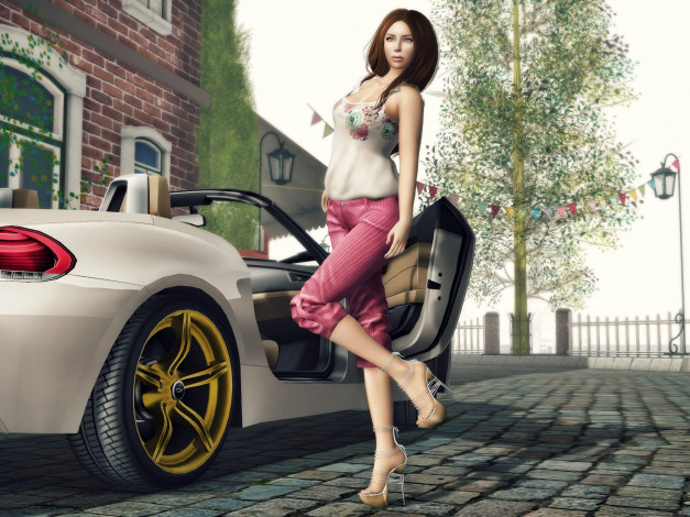 Обои картинки фото 3д, графика, people, люди, авто, девушка