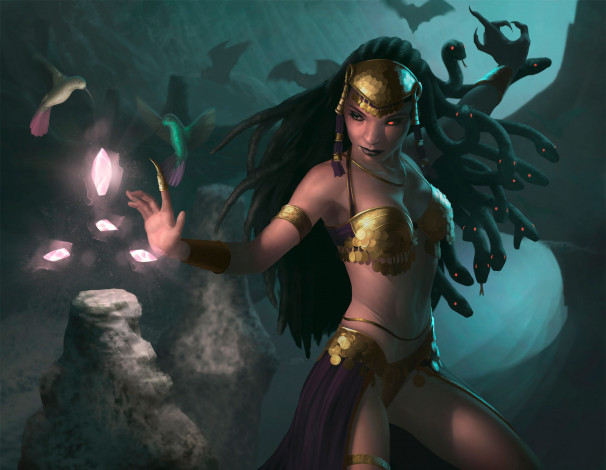 Обои картинки фото фэнтези, существа, тело, грудь, арт, магия, змеи, бог, богиня, девушка