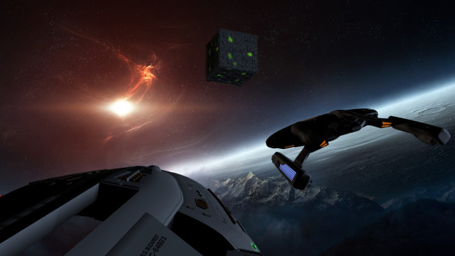 Обои картинки фото видео игры, star trek online, горы, звезды, вселенная, полет, космический, корабль