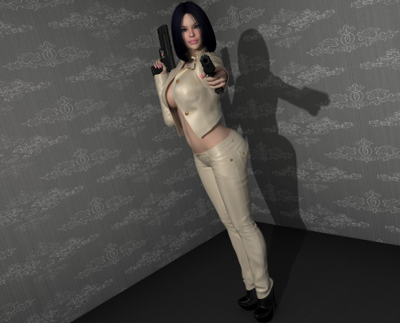 Обои картинки фото 3д графика, люди , people, девушка, взгляд, фон, оружие