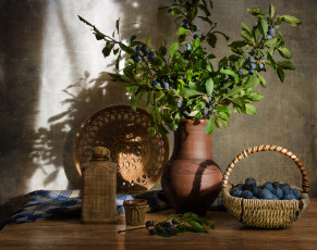 Картинка еда персики +сливы +абрикосы кувшин корзина штоф тёрн слива