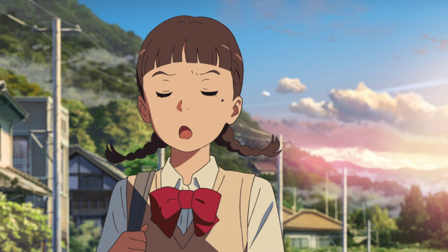 Обои картинки фото аниме, kimi no na wa, фон, взгляд, девушка