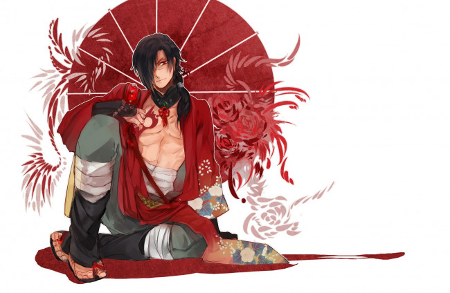 Обои картинки фото аниме, dramatical murder, кимоно, dramatical, murder, драматическое, убийство, koujaku, art, красные, глаза, парень, белый, фон, honyarara, зонт, узор