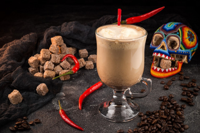 Обои картинки фото еда, кофе,  кофейные зёрна, перец, сахар, череп, бокал