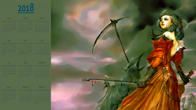 Обои картинки фото календари, фэнтези, коса, плащ, женщина, оружие, взгляд