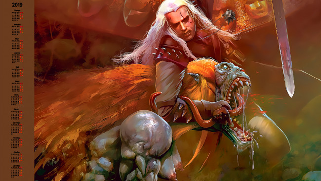 Обои картинки фото календари, видеоигры, мужчина, чудовище, оружие, битва, существо