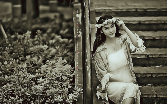 Обои картинки фото календари, компьютерный дизайн, взгляд, женщина, растение, ступени, девушка, венок, 2019, calendar