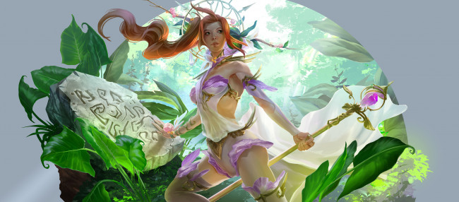 Обои картинки фото фэнтези, девушки, девушка, фон, униформа, посох