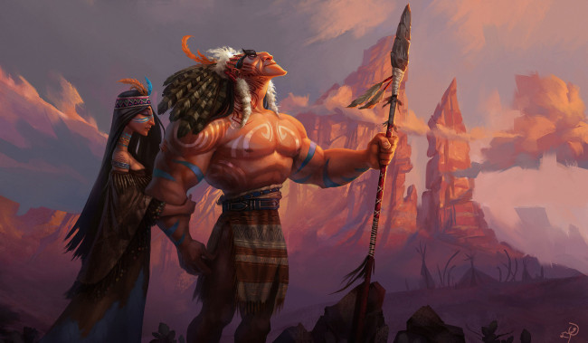 Обои картинки фото рисованное, люди, индейцы, пара, копье, скалы, omid, nekuhemat