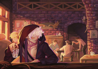 Картинка фэнтези люди таверна парень плащ стакан