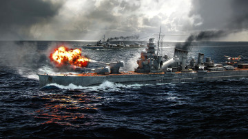 обоя видео игры, war thunder, корабли, огонь, дым, море