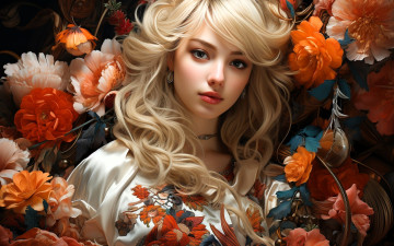 обоя 3д графика, портреты и лица , portraits and faсes, девушка, лицо, блондинка, наряд, цветы
