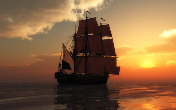 обоя корабли, 3d, корабль, парусник, море, закат