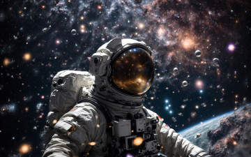 обоя космос, арт, астронавт, планета, туманность, галактика, звезды