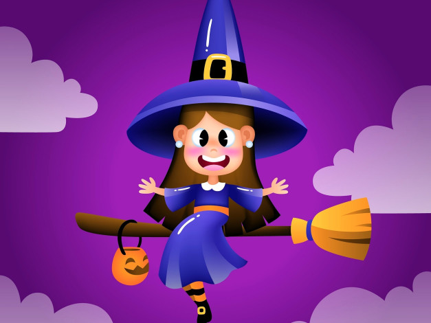 Обои картинки фото векторная графика, мультфильмы,  комиксы , cartoons,  comics, ведьма, шляпа, метла, тыква, облака