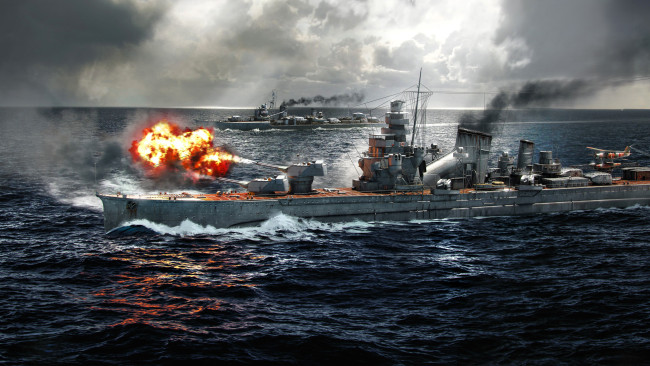Обои картинки фото видео игры, war thunder, корабли, огонь, дым, море