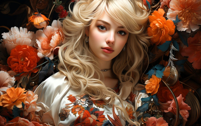 Обои картинки фото 3д графика, портреты и лица , portraits and faсes, девушка, лицо, блондинка, наряд, цветы