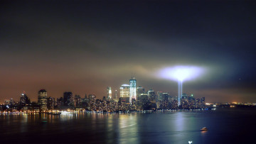 Картинка города нью йорк сша река дома вечер