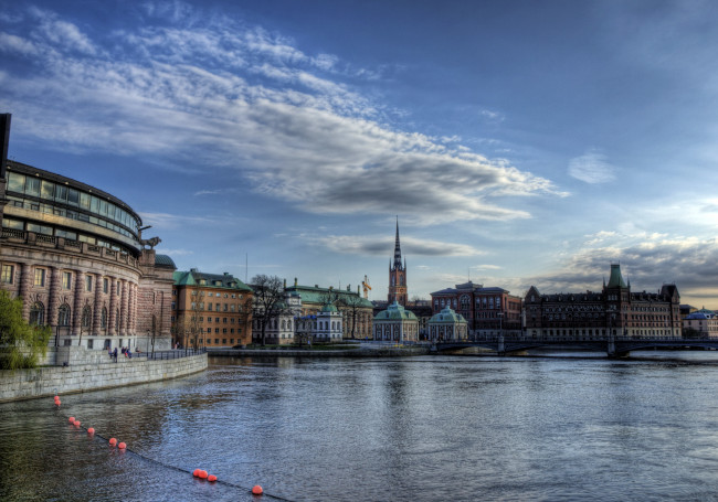 Обои картинки фото города, стокгольм, швеция, река, закат, дома