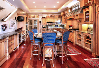 Картинка интерьер кухня стол мебель плита ковер стулья