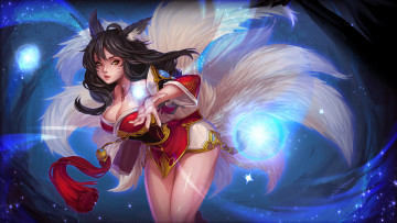 Картинка league+of+legends фэнтези существа kaka cheung art взгляд league of legends ahri девушка хвосты ушки лисица магия жест