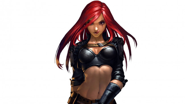 Обои картинки фото league of legends, фэнтези, девушки, эротика, взгляд, фон, красные, волосы, арт, katarina, lol, league, of, legends