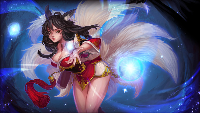 Обои картинки фото league of legends, фэнтези, существа, kaka, cheung, art, взгляд, league, of, legends, ahri, девушка, хвосты, ушки, лисица, магия, жест