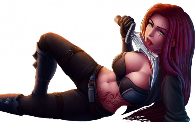 Обои картинки фото league of legends, фэнтези, девушки, эротика, игра, арт, lol, league, of, legends, оружие, девушка, красные, волосы, katarina