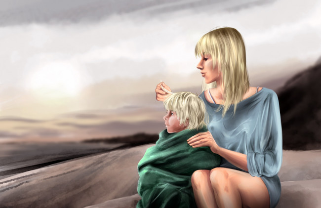 Обои картинки фото рисованные, люди, сын, фон, мать