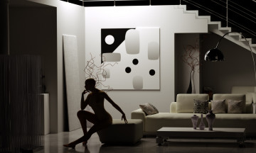 Картинка 3д+графика фантазия+ fantasy девушка взгляд фон силуэт диван лестница интерьер