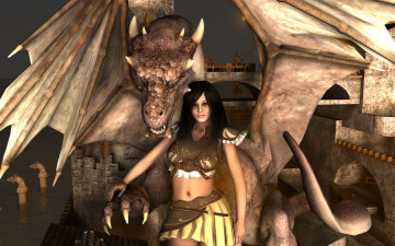 Картинка 3д+графика фантазия+ fantasy девушка взгляд фон дракон