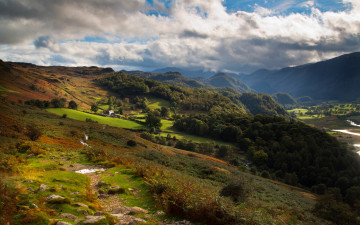 Картинка природа пейзажи великобритания derwentwater горы леса поля облака