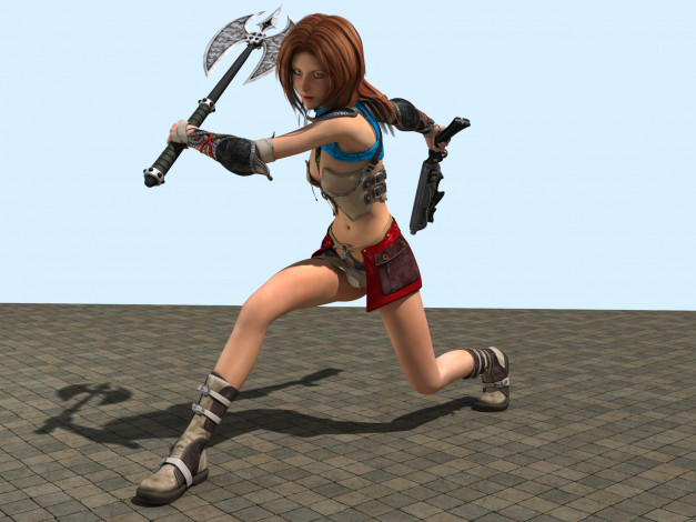 Обои картинки фото 3д графика, амазонки , amazon, девушка, фон, взгляд, пистолет, топор