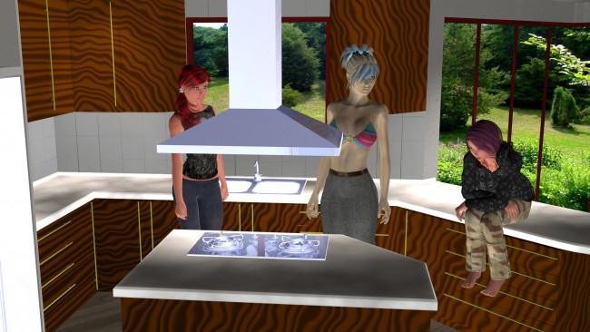 Обои картинки фото 3д графика, люди , people, девушки, взгляд, фон, интерьер