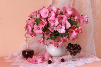 Картинка еда натюрморт лаватера розовый черешня