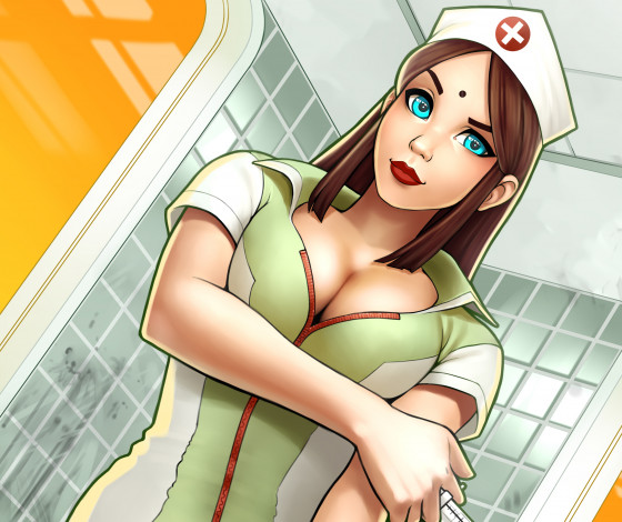 Обои картинки фото аниме, unknown,  другое, красавица, взгляд, медсестра, грудь, арт, девушка