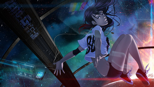 Обои картинки фото аниме, музыка, взгляд, девушка, фон