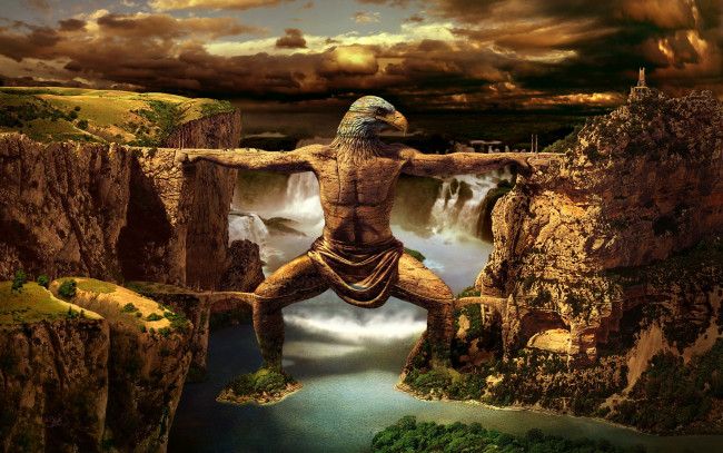 Обои картинки фото фэнтези, иные миры,  иные времена, горы, река, мост, орел