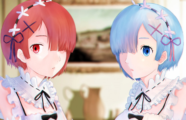 Обои картинки фото аниме, re,  zero kara hajimeru isekai seikatsu, фон, взгляд, девушки