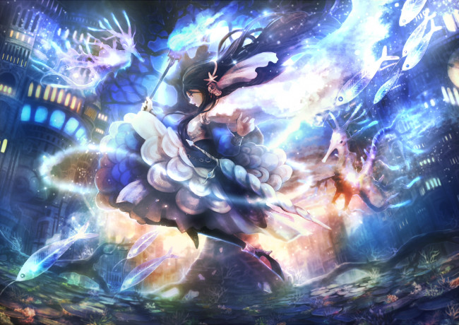 Обои картинки фото аниме, животные,  существа, фон, взгляд, девушка