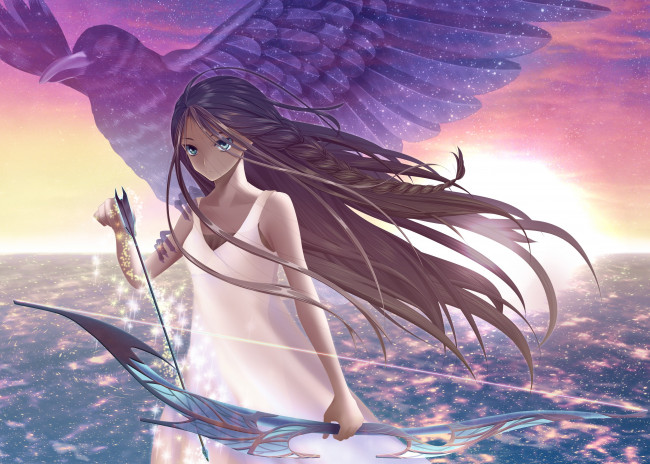 Обои картинки фото аниме, животные,  существа, фон, взгляд, девушка