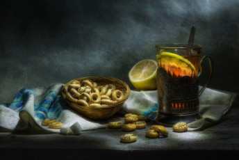 Картинка еда натюрморт чай сушки лимон