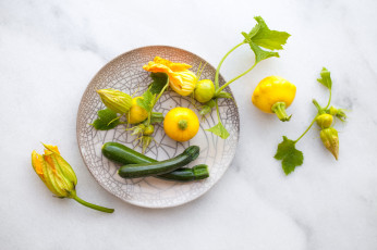 Картинка еда овощи фон листья тыква тарелка цукини цветы