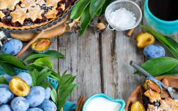 Картинка еда пироги молоко сливы кофе пирог сахарная пудра корица