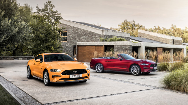 Обои картинки фото ford mustang gt coupe and cabrio 2018, автомобили, mustang, coupe, gt, ford, cabrio, 2018