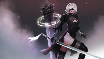 Картинка видео+игры nier +automata фон девушка катана маска