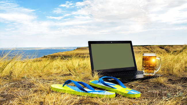 Обои картинки фото еда, напитки,  пиво, лето, трава, пиво, ноутбук