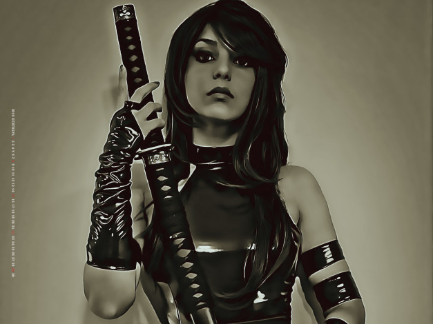 Обои картинки фото календари, компьютерный дизайн, копслей, calendar, 2019, женщина, взгляд, оружие, девушка