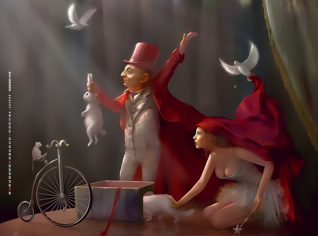 Обои картинки фото календари, фэнтези, calendar, 2019, сцена, велосипед, кролик, фокус, мужчина, девушка