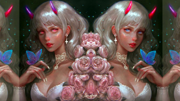 Картинка фэнтези демоны девушки рога украшения бабочки розы